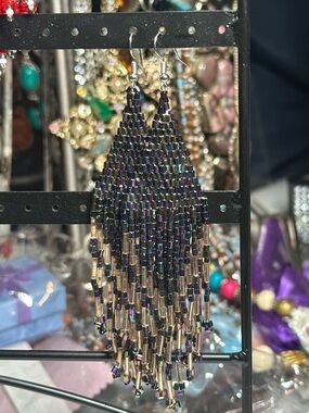 Handcrafted Iridescent Black and Gold Beaded Fringe Drop Earrings